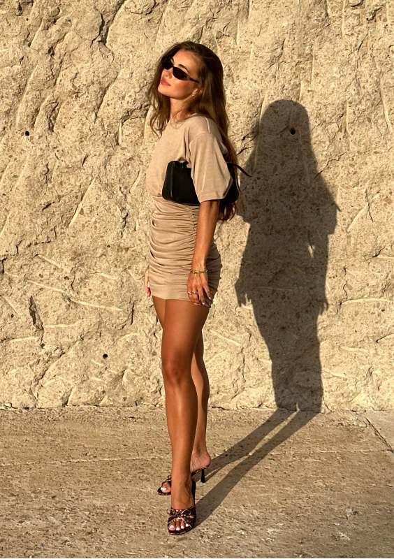 Leya - Draped beige mini dress with shoulder pads