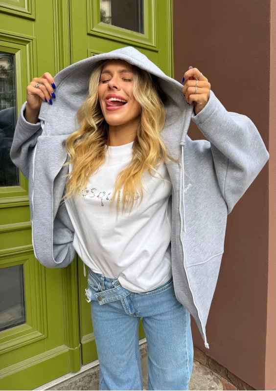 Lilo - Bluza rozpinana oversize z kapturem Szary Melanż