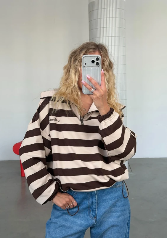 Yale Stripe Zip - Bluza z rozpinanym kołnierzem w paski Beige