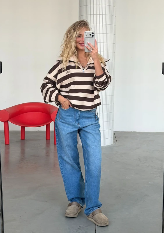 Yale Stripe Zip - Bluza z rozpinanym kołnierzem w paski Beige