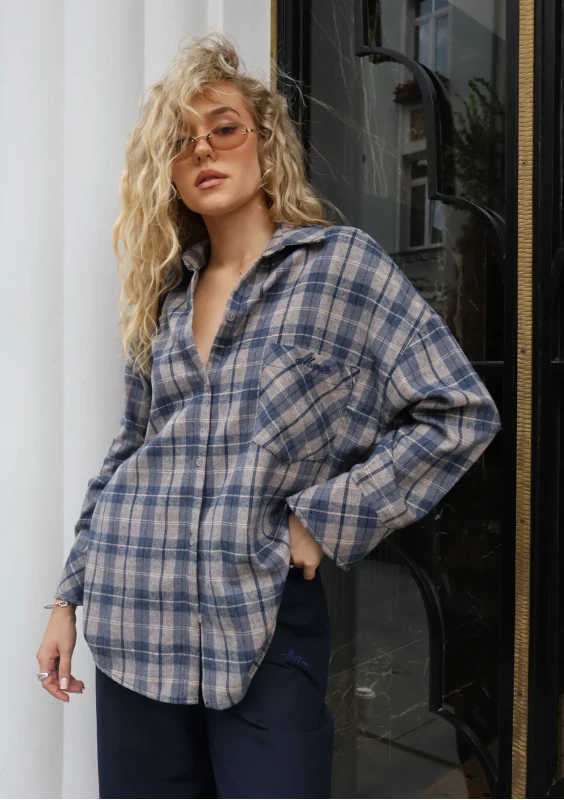 Duty - Navy blue checked cotton oversize shirt