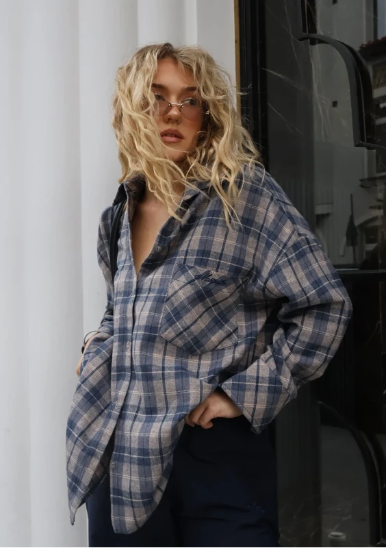 Duty - Navy blue checked cotton oversize shirt