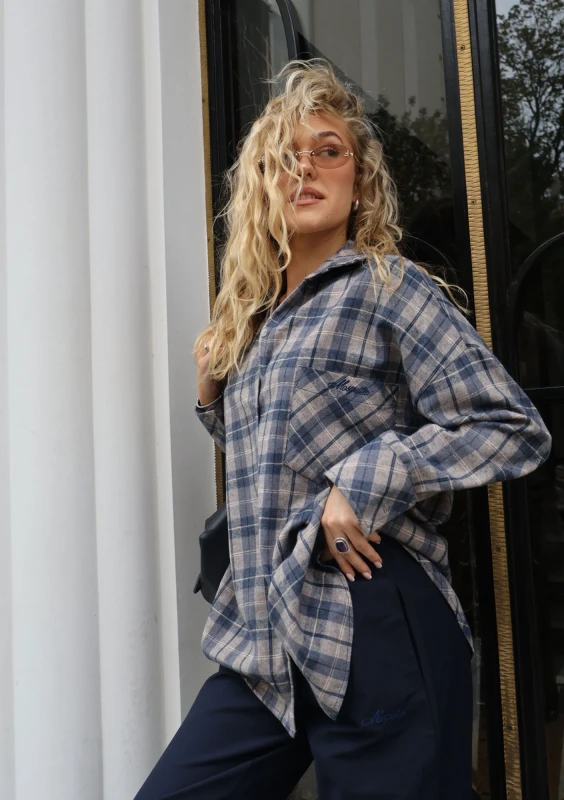 Duty - Navy blue checked cotton oversize shirt