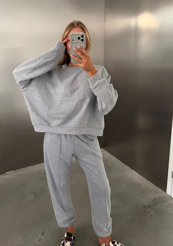 Leni - Bluza oversize z haftem Grey Melange