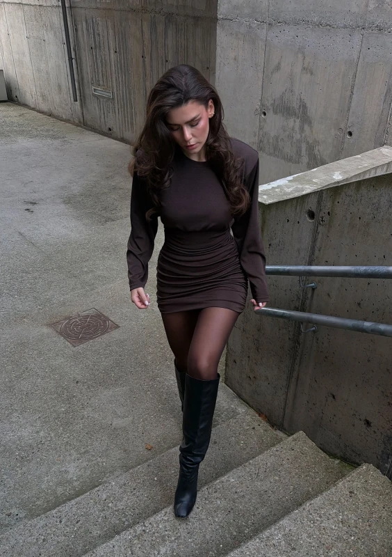 Sone - Draped brown mini dress with shoulder pads