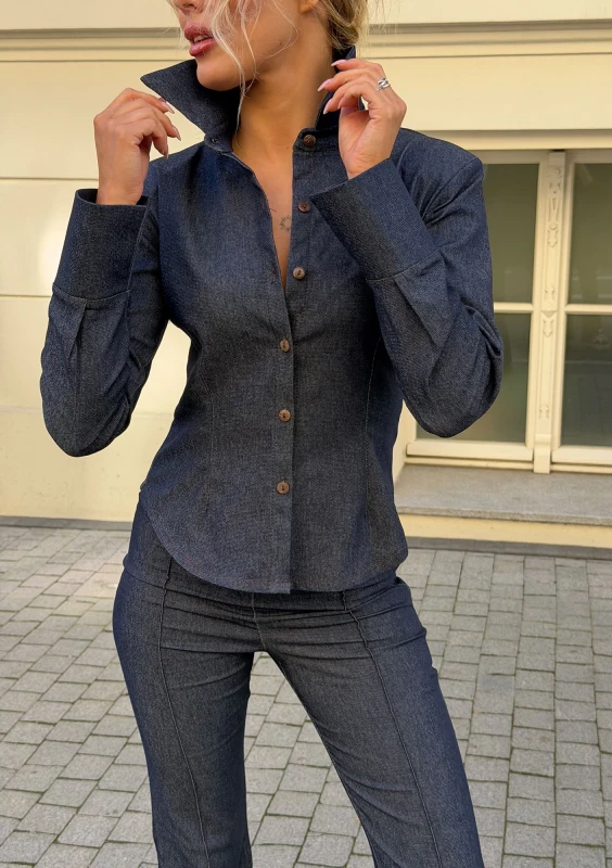 Carter - Fitted navy blue denim shirt with a tie