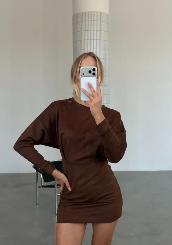 Vega - Brown faux suede mini dress