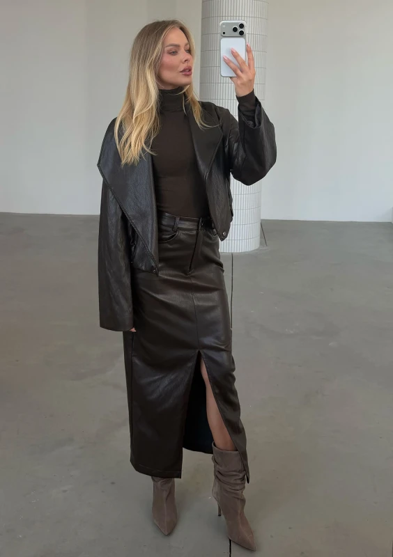 Blake - Brown faux leather maxi skirt