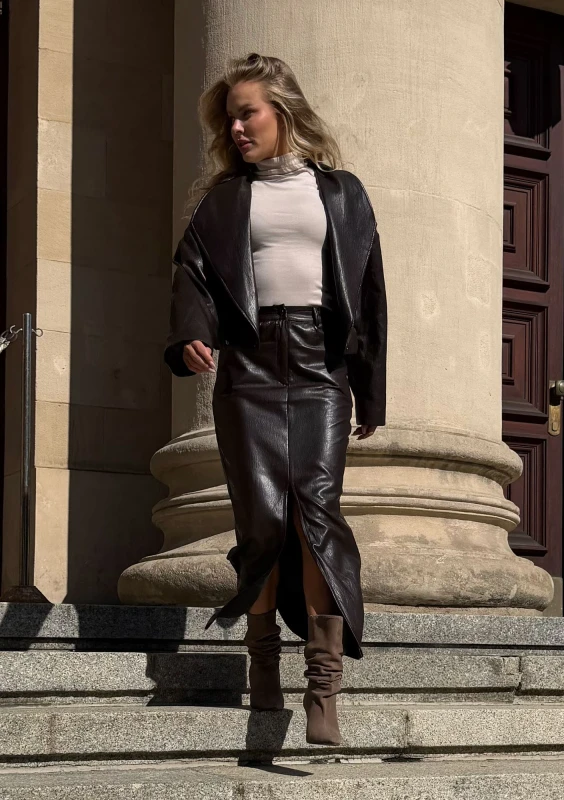 Blake - Brown faux leather maxi skirt