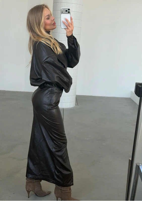 Blake - Brown faux leather maxi skirt