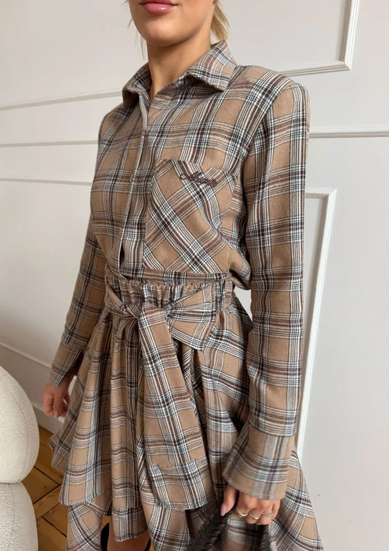 Aster - Shortened latte beige checked shirt