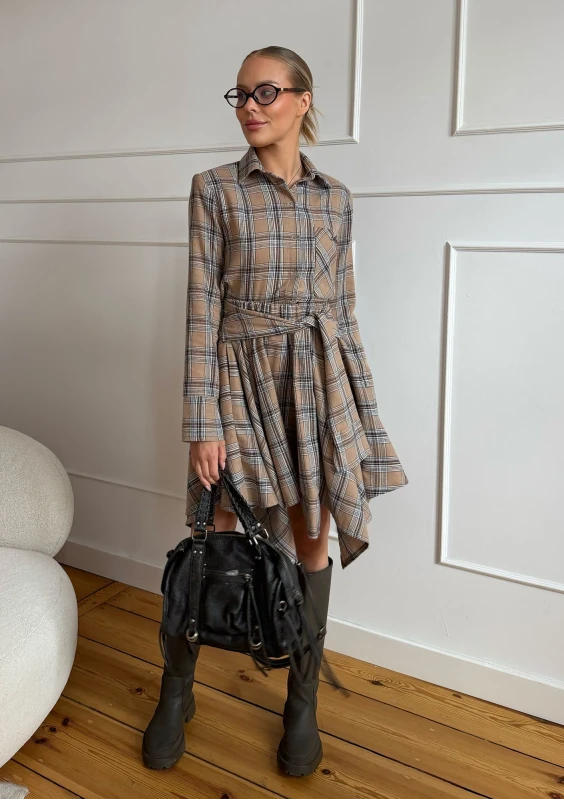 Aster - Latte beige checked skirt