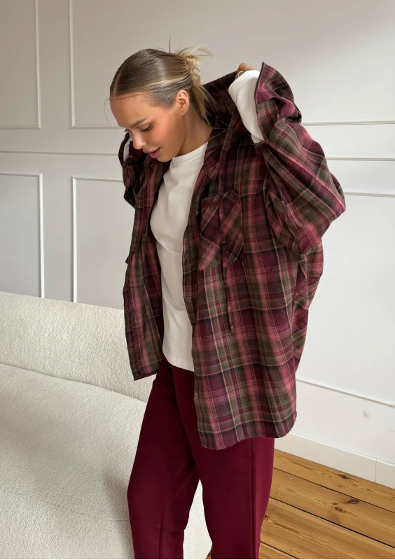 Harvey - Berry checked oversized shirt with a hood