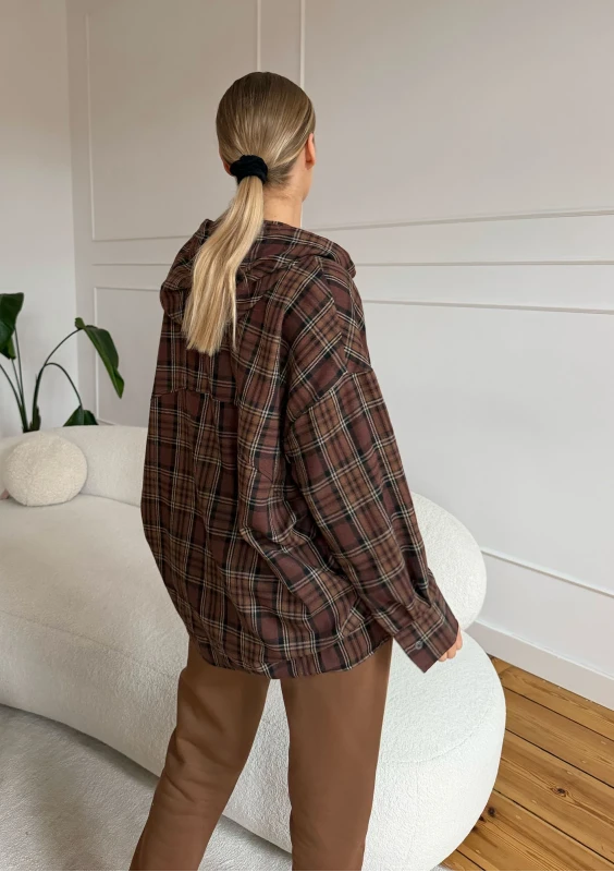 Harvey - Warm brown checked oversized shirt with a hood