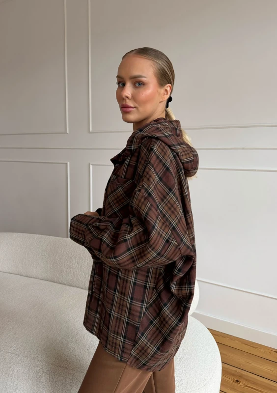 Harvey - Warm brown checked oversized shirt with a hood