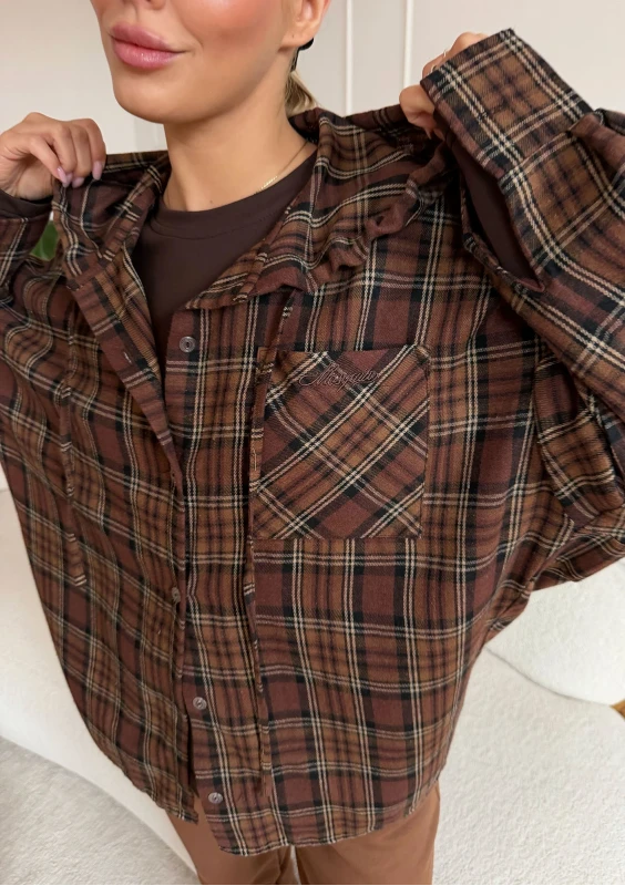 Harvey - Warm brown checked oversized shirt with a hood