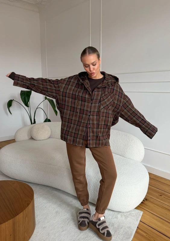 Harvey - Oversize'owa koszula z kapturem w kratę Warm Brown