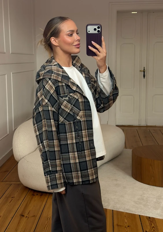 Harvey - Graphite grey checked oversized shirt with a hood