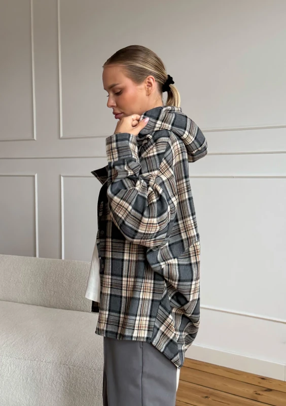 Harvey - Graphite grey checked oversized shirt with a hood