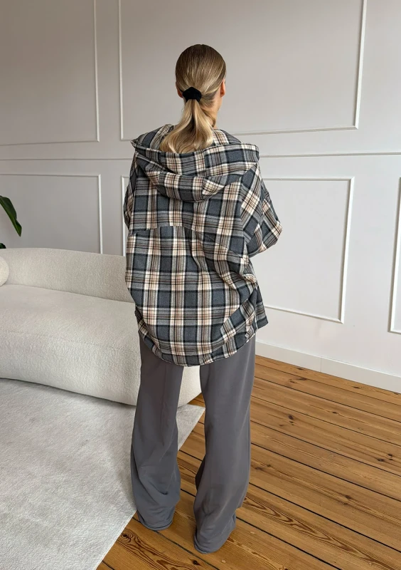 Harvey - Graphite grey checked oversized shirt with a hood
