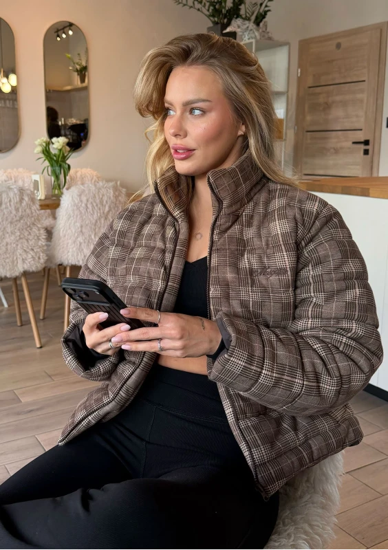 Riley - Short brown checked cotton jacket