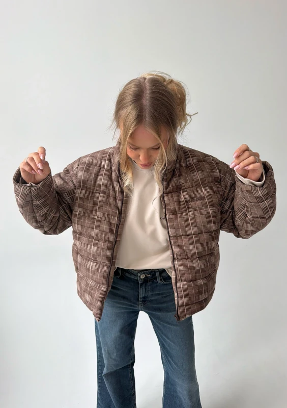 Riley - Short brown checked cotton jacket