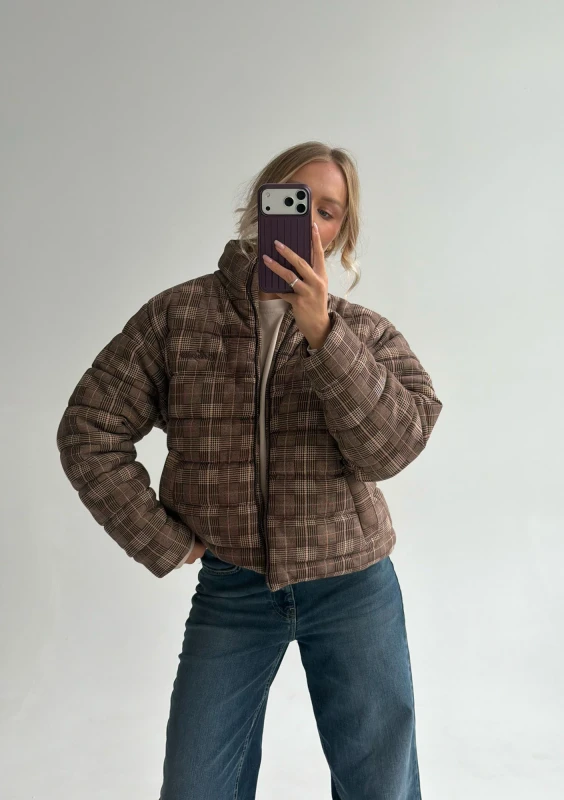 Riley - Short brown checked cotton jacket