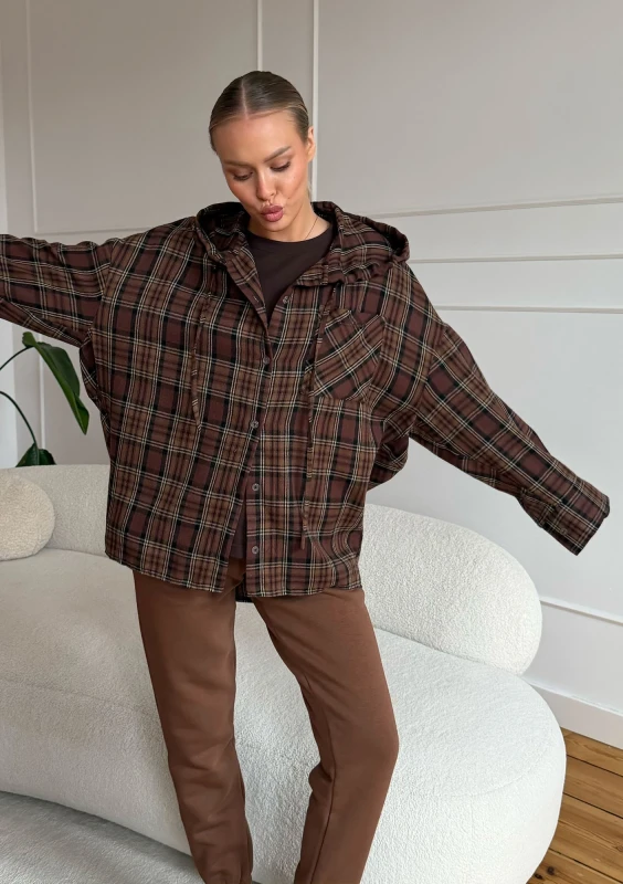 Harvey - Warm brown checked oversized shirt with a hood