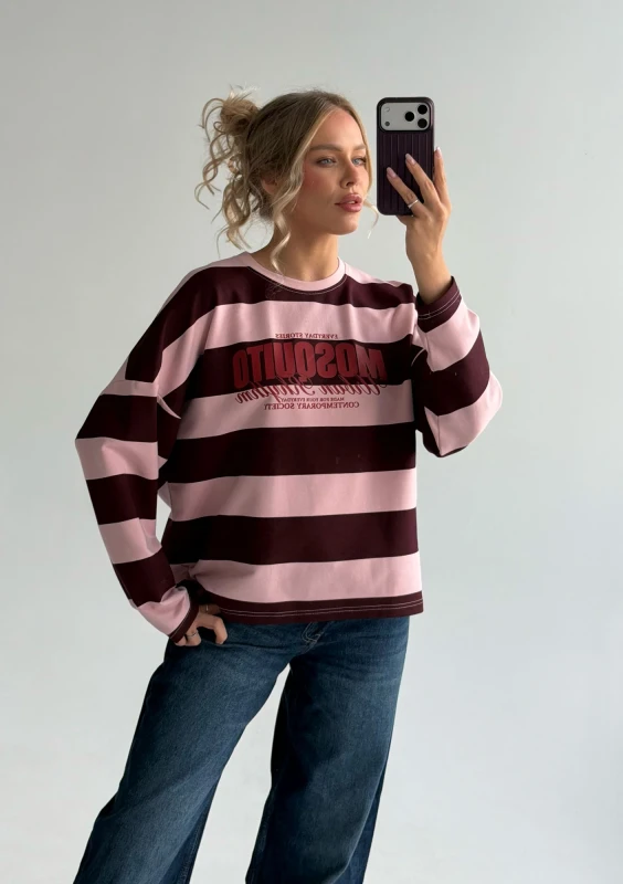 Rowe - Longsleeve oversize w pasy Pastel Pink & Cherry