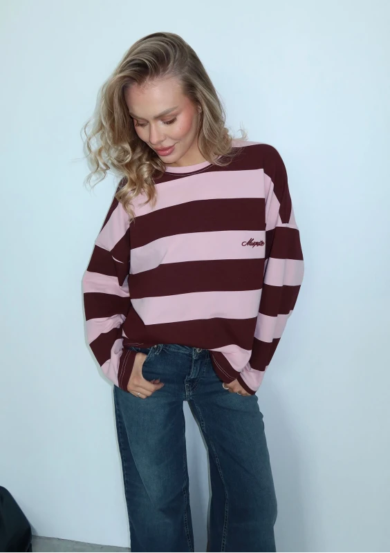 Rowe - Pastel pink and cherry red striped oversized longsleeve with an embroidered logo