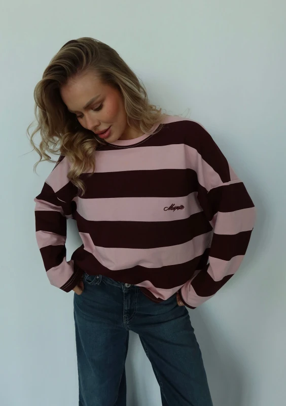 Rowe - Longsleeve oversize w pasy z haftem Pastel Pink & Cherry