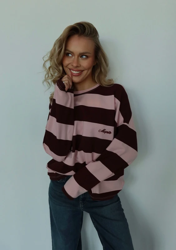 Rowe - Longsleeve oversize w pasy z haftem Pastel Pink & Cherry