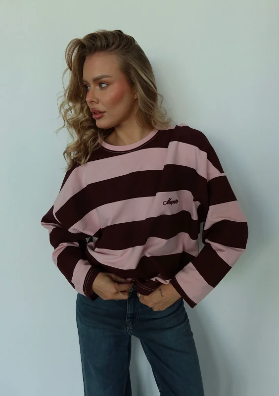 Rowe - Longsleeve oversize w pasy z haftem Pastel Pink & Cherry