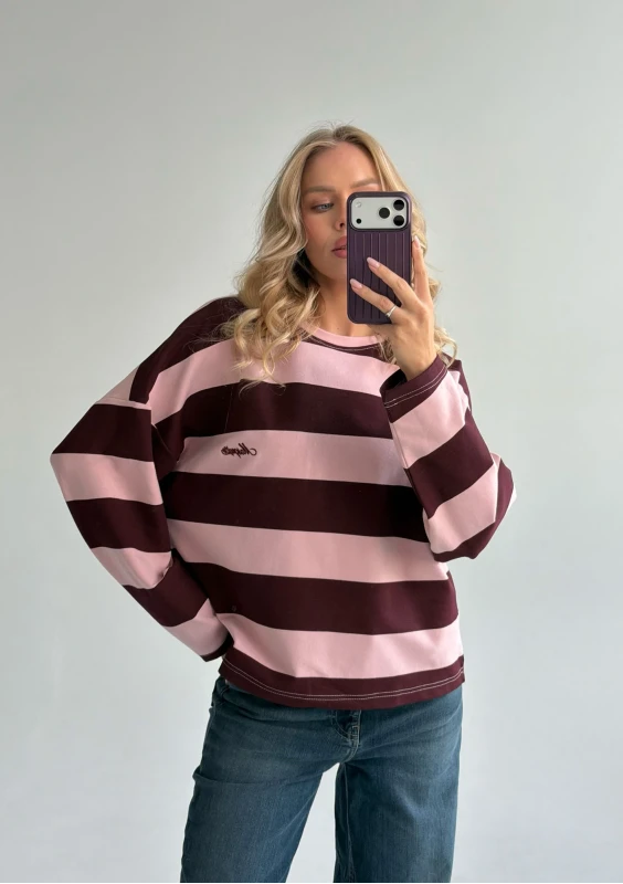 Rowe - Pastel pink and cherry red striped oversized longsleeve with an embroidered logo