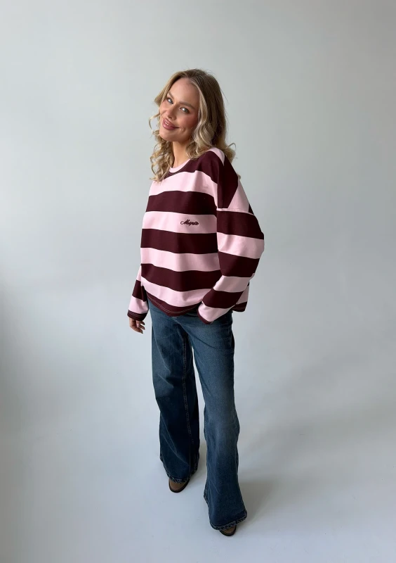 Rowe - Pastel pink and cherry red striped oversized longsleeve with an embroidered logo