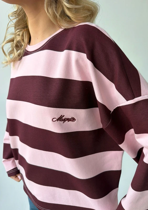 Rowe - Longsleeve oversize w pasy z haftem Pastel Pink & Cherry