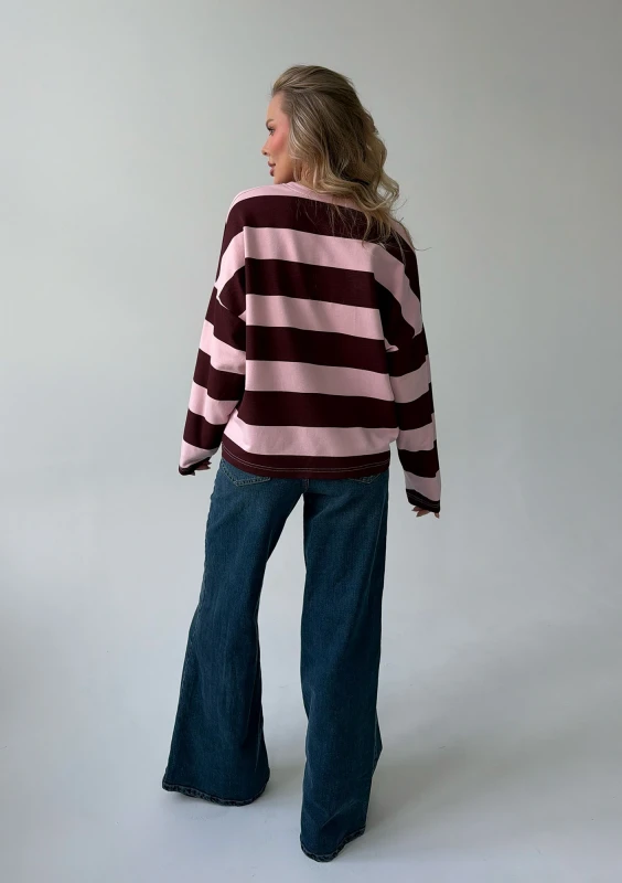 Rowe - Pastel pink and cherry red striped oversized longsleeve with an embroidered logo