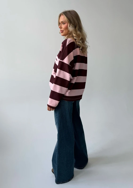 Rowe - Pastel pink and cherry red striped oversized longsleeve with an embroidered logo