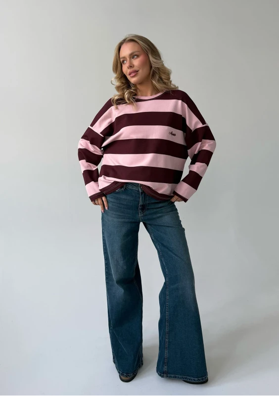 Rowe - Longsleeve oversize w pasy z haftem Pastel Pink & Cherry
