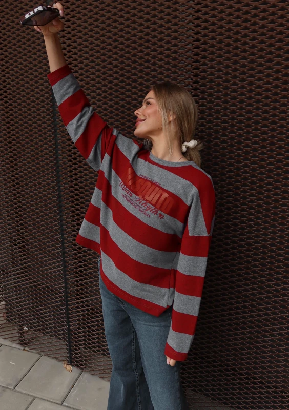 Rowe - Longsleeve oversize w pasy Grey & Cherry