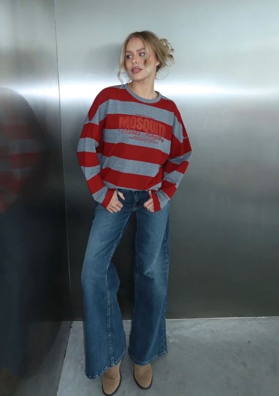 Rowe - Longsleeve oversize w pasy Grey & Cherry