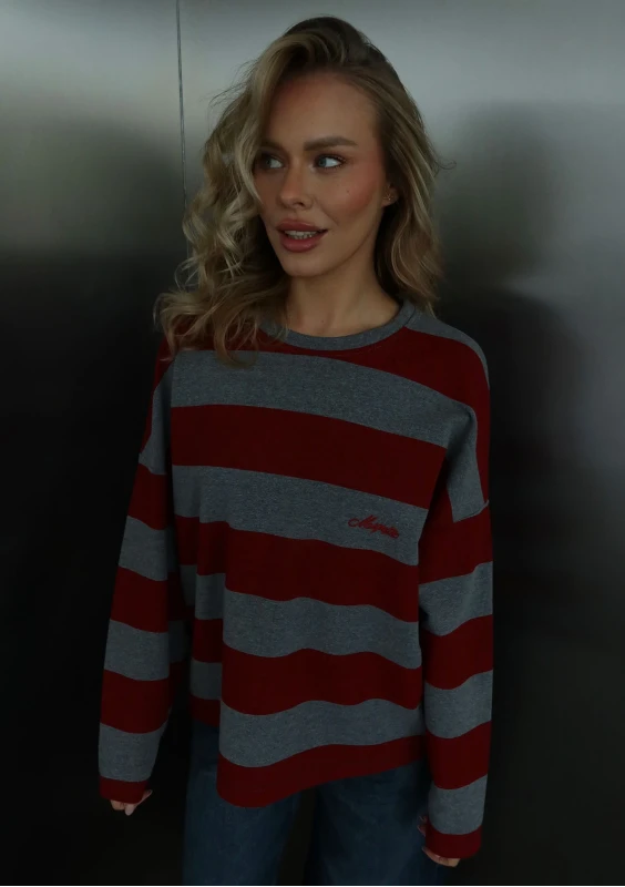 Rowe - Cherry red and grey striped longsleeve with an embroidered logo