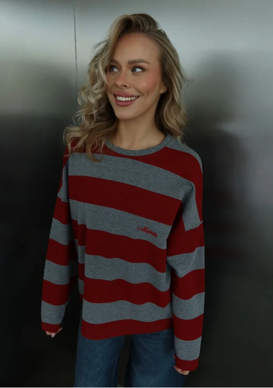Rowe - Cherry red and grey striped longsleeve with an embroidered logo