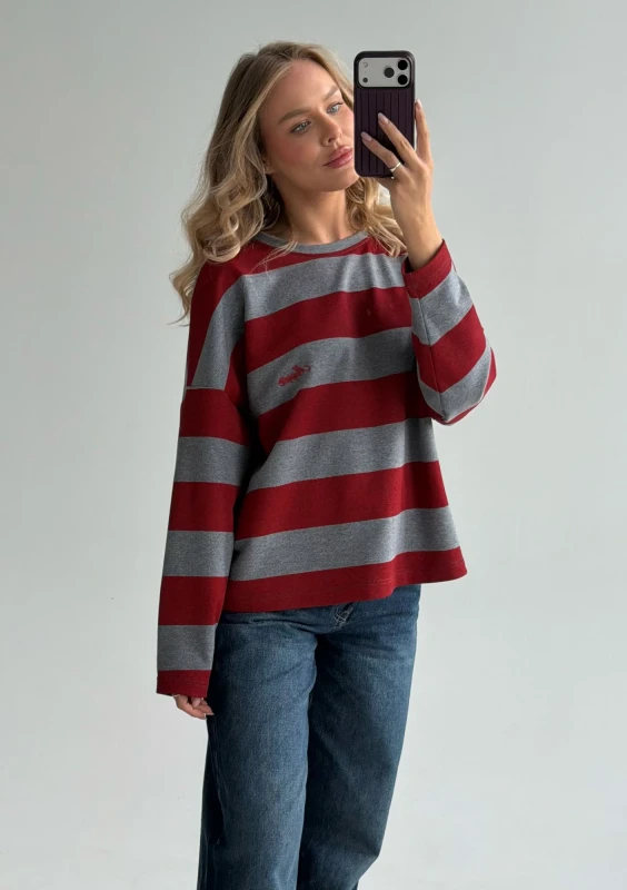 Rowe - Cherry red and grey striped longsleeve with an embroidered logo