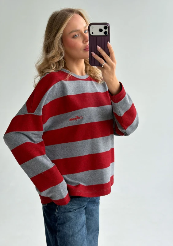 Rowe - Cherry red and grey striped longsleeve with an embroidered logo