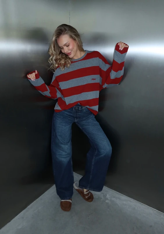 Rowe - Cherry red and grey striped longsleeve with an embroidered logo