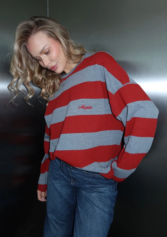 Rowe - Cherry red and grey striped longsleeve with an embroidered logo
