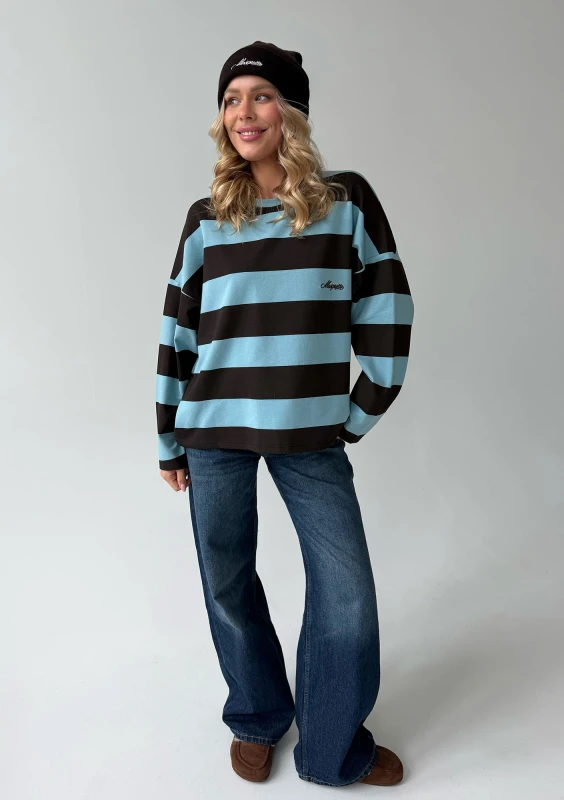 Rowe - Longsleeve oversize w pasy z haftem Chocolate & Blue