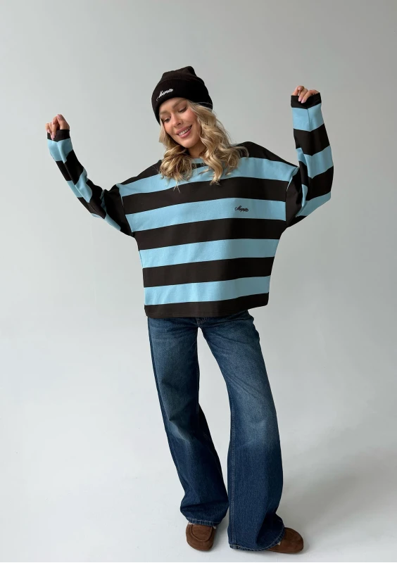 Rowe - Blue and brown striped longsleeve with an embroidered logo