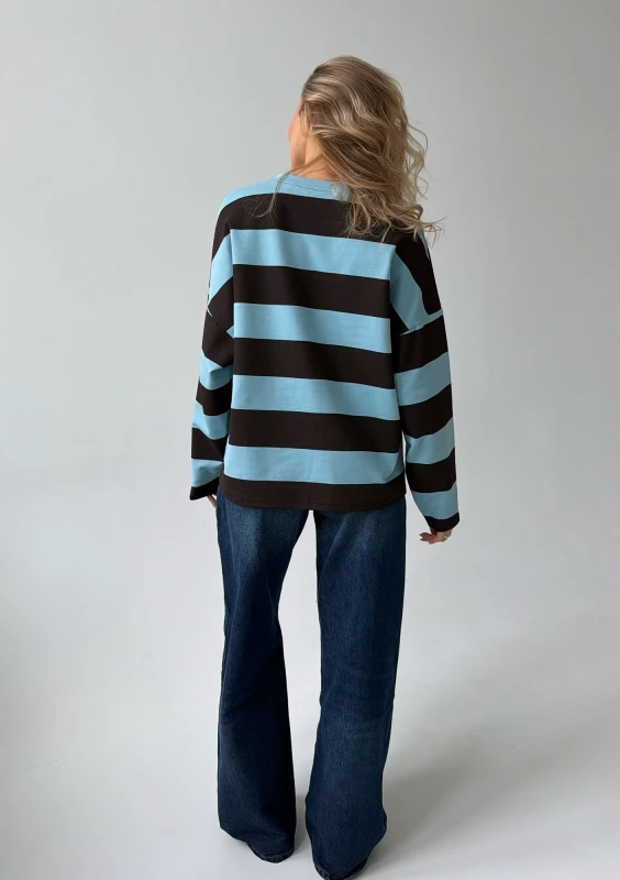 Rowe - Longsleeve oversize w pasy z haftem Chocolate & Blue